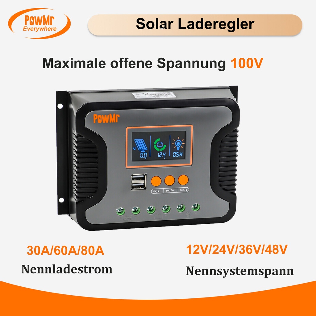 3.8kW Powmr PWM 80A 60A Solar Charger Dual USB 100V 12V - 48V